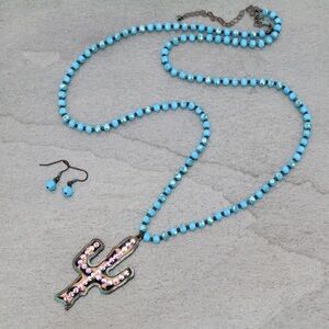 Turquoise Color Beaded Cactus Necklace and Earring Set